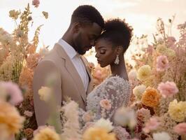 Couple embracing in a colorful flower field during golden hour photo