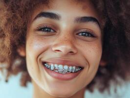 Smiling teenager with braces showing confidence and joy in close-up photo