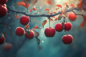 Red apples hanging on a branch in a misty orchard photo
