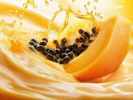 Juicy papaya slice splashing in fresh orange juice photo