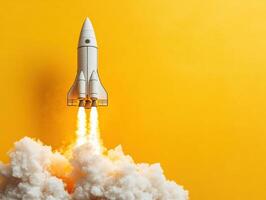 Rocket launches against a bright yellow background photo