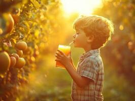 Young boy enjoying fresh juice in an apple orchard at sunset photo