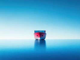 Large red cargo ship floating on calm blue ocean water photo