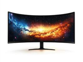 Curved monitor displaying a vibrant galaxy design in a modern setup photo