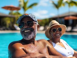 Couple enjoying a sunny day by the poolside in tropical paradise photo