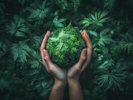 Hands holding a green globe surrounded by lush foliage photo