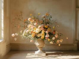 Elegant floral arrangement in a serene indoor setting photo