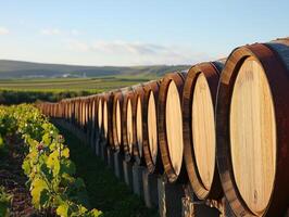 Barrels lined up in a vineyard during golden hour light photo