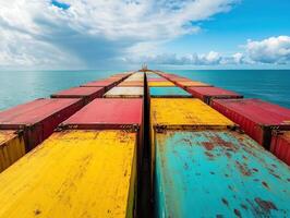 Colorful shipping containers lined up on a cargo vessel at sea photo