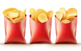Three bags of crunchy potato snacks on a plain background photo
