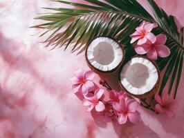 Tropical coconuts with pink flowers on a pink background photo