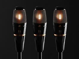 Microphones arranged in a row for a music recording session photo