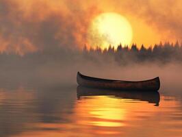 Serene sunset over calm lake with canoe silhouette photo