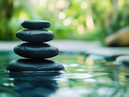 Serenity in nature with stacked stones in a tranquil pool photo