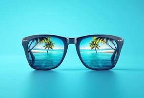 Sunglasses reflecting a tropical beach scene with palm trees photo