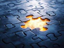 Puzzle piece missing from dark, illuminated background photo