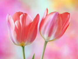 Colorful tulips bloom in a garden with a blurred vibrant background photo