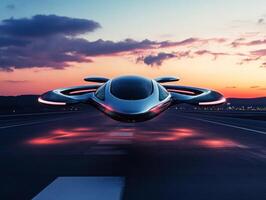 Flying vehicle hovering above runway during sunset photo