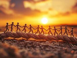 Hands grasp a rope at sunset, symbolizing unity photo