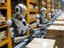 Robots assembling packages in a modern warehouse setting photo