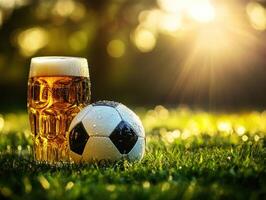 Enjoying a refreshing drink while watching soccer on a sunny day photo