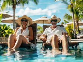 Relaxing couple enjoys sunny day by the pool in tropical resort photo
