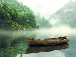 Serene boat floating in a misty lake surrounded by lush greenery photo