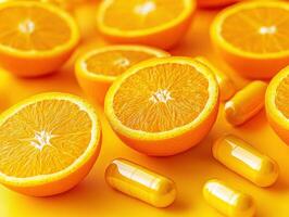 Slices of fresh oranges beside yellow capsules on vibrant background photo