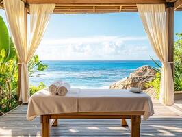 Spa setup with ocean view and relaxation space by the shore photo