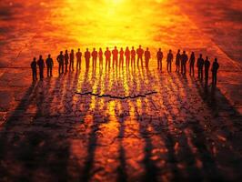 Silhouetted figures on puzzle pieces at sunset photo