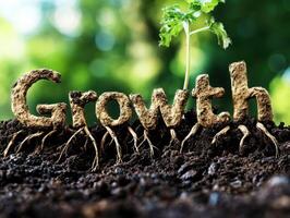 Growth displayed with a sprouting plant emerging from soil photo
