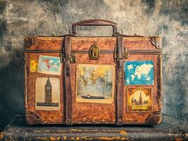 Vintage suitcase with travel stickers on a rustic backdrop photo