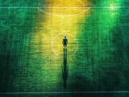 Athlete stands alone on soccer field during golden hour photo