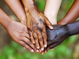 Diverse hands coming together in unity and support outdoors photo