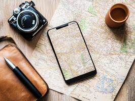 Exploring travel essentials with vintage camera, smartphone, and map photo