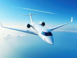 Jet flying over a clear blue ocean during daylight hours photo