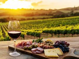 Sunset over vineyard with wine and charcuterie board photo