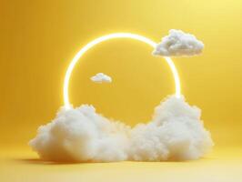 Bright yellow background with glowing sun and fluffy clouds photo