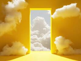 Bright gateway framed by yellow walls and soft clouds in the sky photo