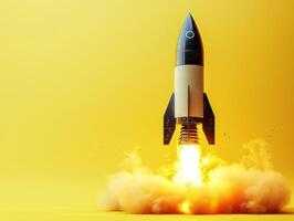 Rocket launches against bright yellow background with smoke photo