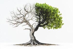 Tree showing contrast between life and decay in a minimalist setting photo