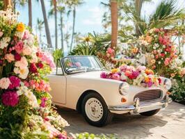 Classic convertible adorned with colorful flowers at tropical location photo