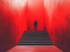 Individual stands at the top of red staircase in a striking hallway photo