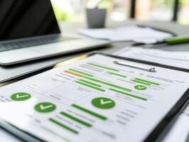 Documents displaying successful project evaluations at a desk photo