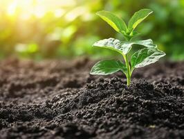 Seedling grows in rich soil under warm sunlight in garden photo