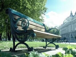 Relaxing bench in a sunny city park surrounded by greenery photo