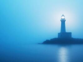 Misty lighthouse guiding ships on a foggy evening by the coast photo