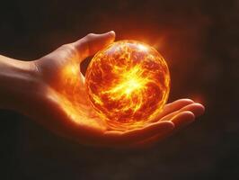 Holding a glowing orb of energy in a dark environment photo