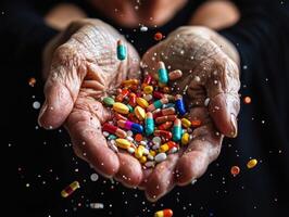 Colorful assortment of pills held in aged hands showcasing health photo