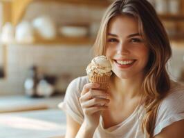 Young woman enjoying an ice cream cone in a cozy cafe setting photo